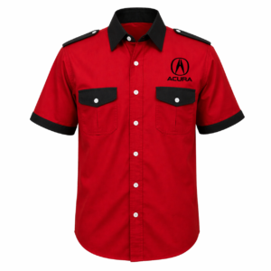 red and black Acura crew shirt back view with embroidered logo