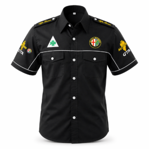 Alfa Romeo black crew shirt front embroidered logo motorsport shirt