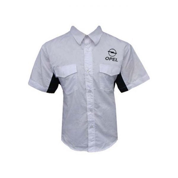 opel white and black trim crew shirt front