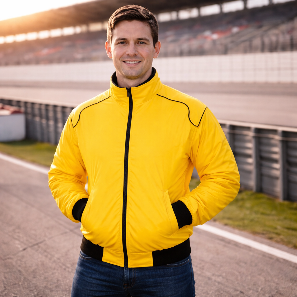 Plain Racing Jackets Yellow 5 Man wearing a yellow zip-up jacket standing outdoors at a stadiu