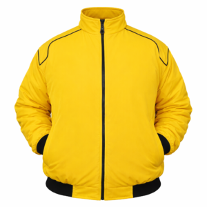 Yellow zip jacket front view with stand collar and black lining
