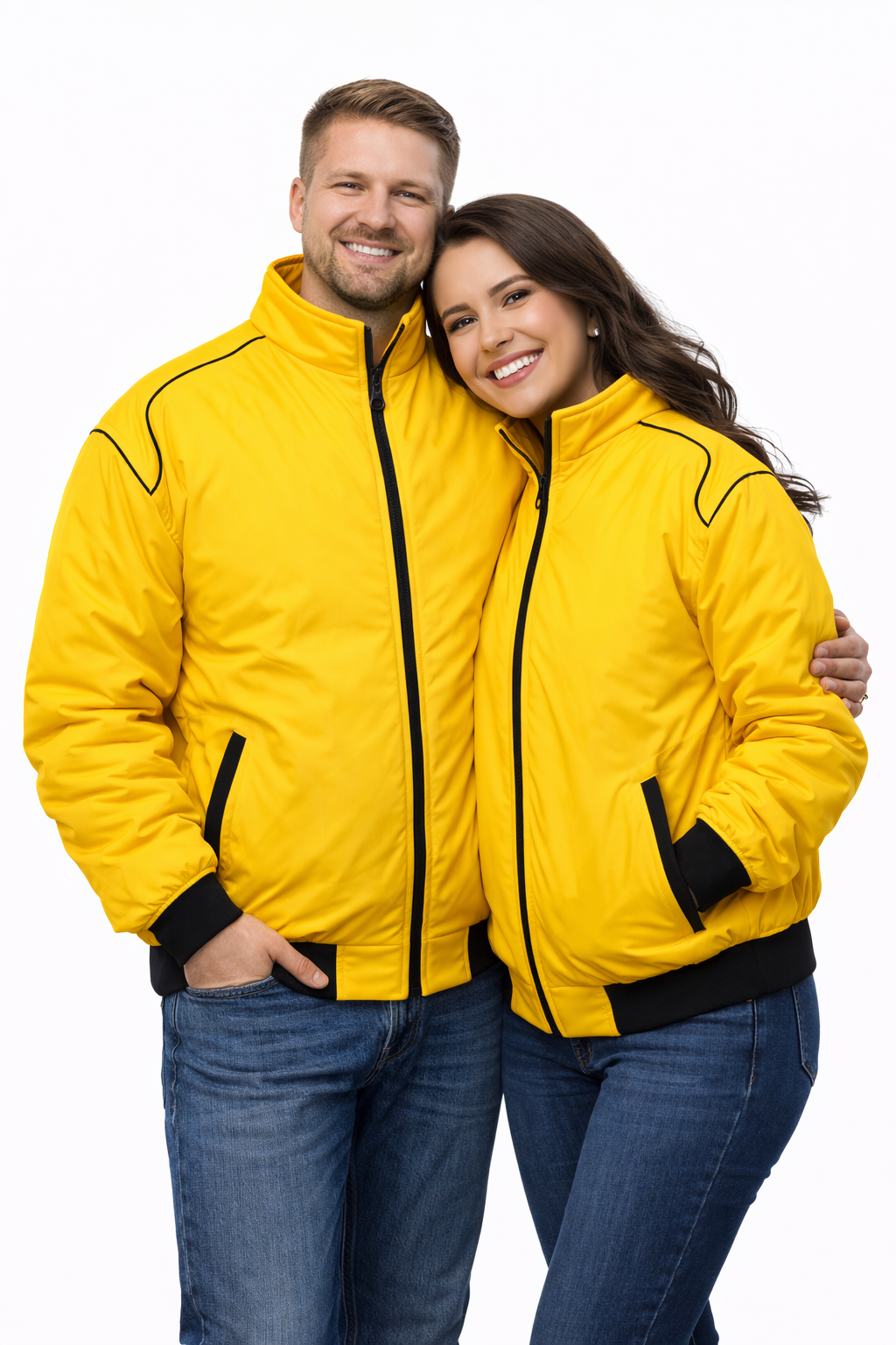 Plain Racing Jackets Yellow 4 Couple wearing matching yellow zip-up jackets, standing together