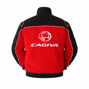Red and black Cagiva racing jacket back view with logo