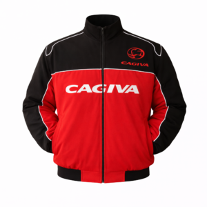 Red and black Cagiva racing jacket front view