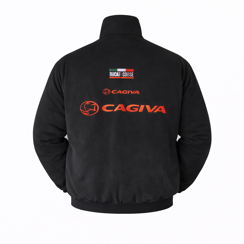 Black Cagiva racing jacket back view with large red logo