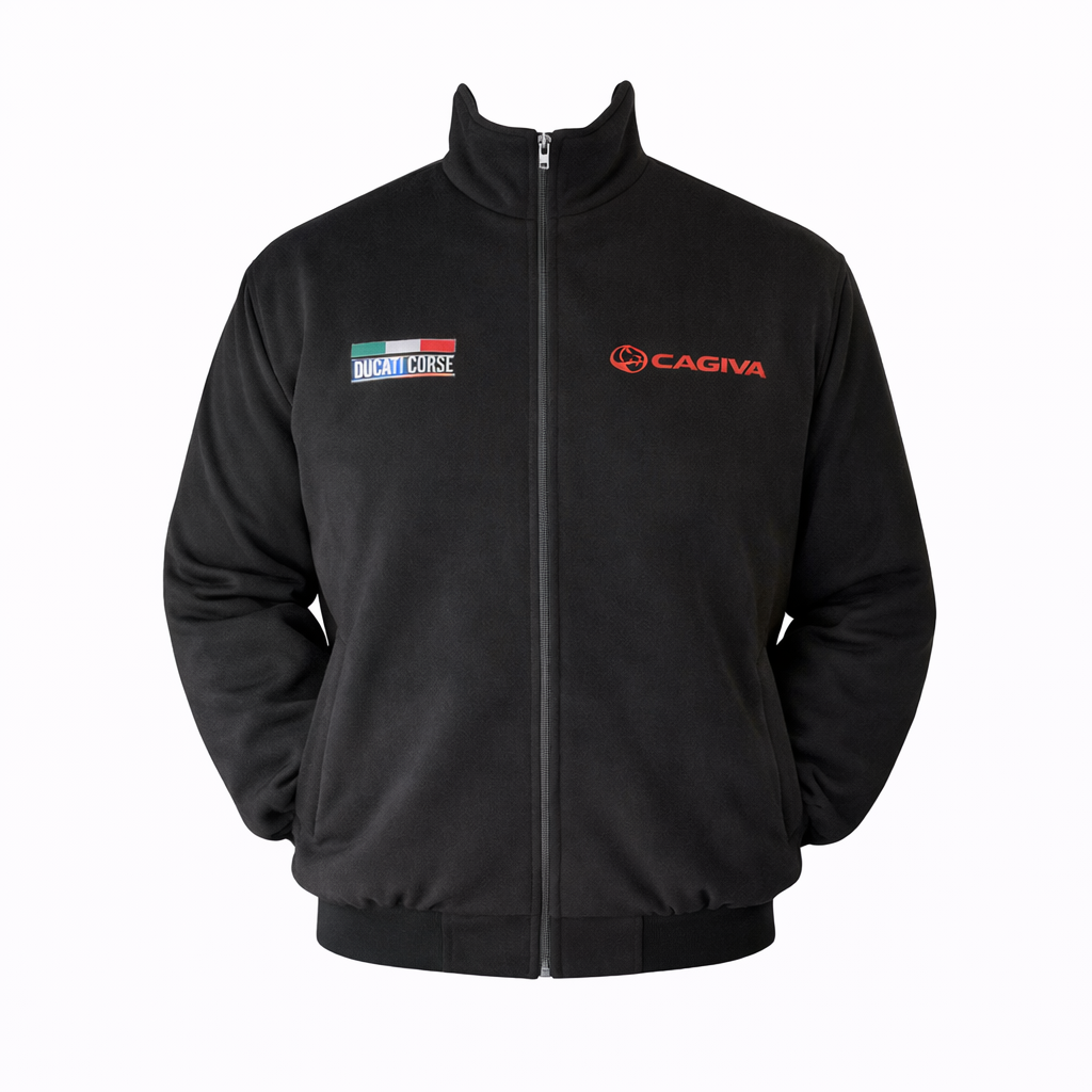 Blue Cagiva racing jacket back view alternate style with sleeve logos