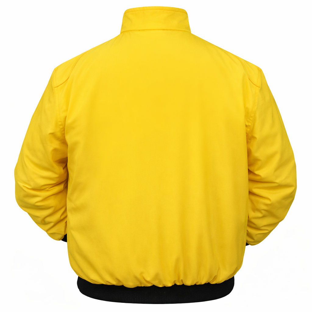 Plain Racing Jackets Yellow 3 Yellow zip-up jacket back view with black trim