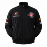 black Aprilia motorsport jacket with embroidered logo front view
