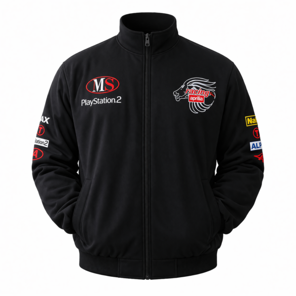 black Aprilia motorsport jacket with embroidered logo front view