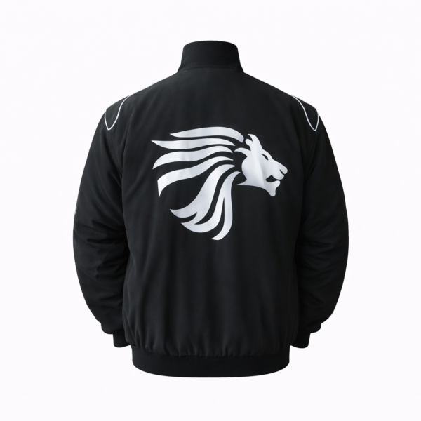 black Aprilia racing jacket back view with lion embroidered logo