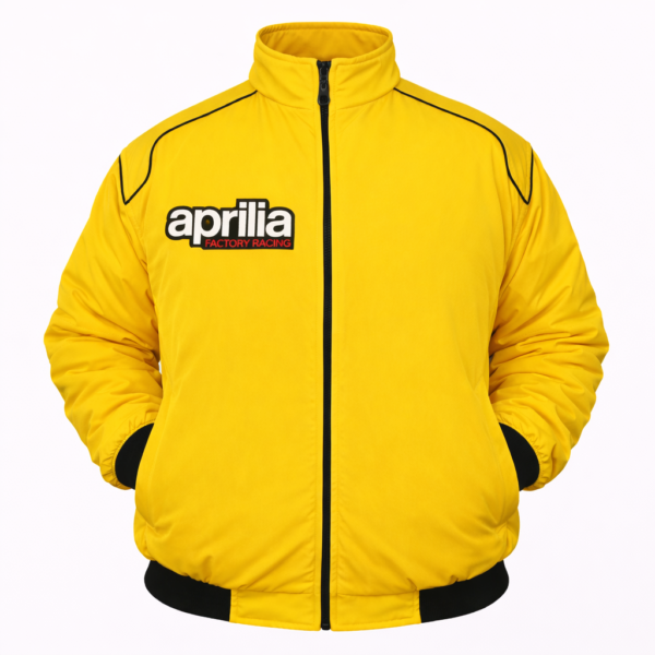 yellow Aprilia racing jacket with classic embroidered logo front view