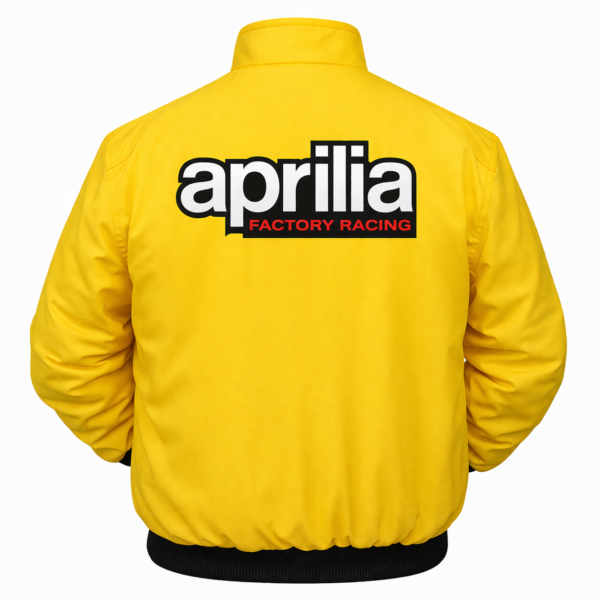 yellow Aprilia racing jacket with embroidered logo