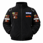 black Aprilia racing jacket with multiple embroidered patches