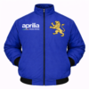 blue Aprilia racing jacket front view with lion crest logo