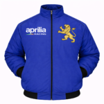 blue Aprilia racing jacket front view with lion crest logo