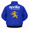 blue Aprilia racing jacket back view with lion crest embroidery