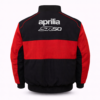 red and black Aprilia racing jacket with embroidered logo design