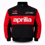 red and black Aprilia MotoGP racing jacket with embroidered logos