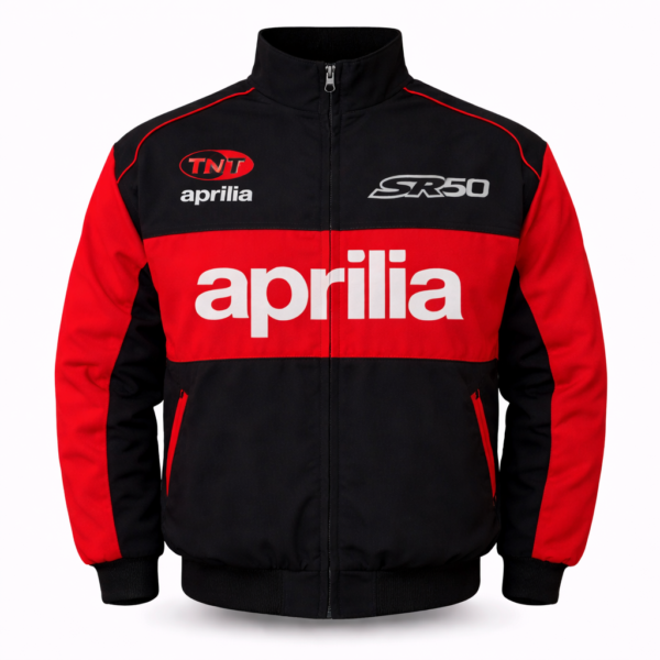 red and black Aprilia MotoGP racing jacket with embroidered logos