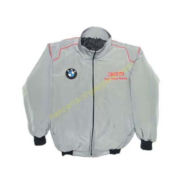 BMW 325 Racing Jacket Light Gray with Piping, NASCAR Jacket, with logos and emblems embroidered on the front and back