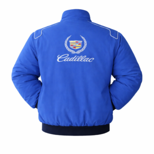 blue Cadillac jacket back view with Cadillac script logo
