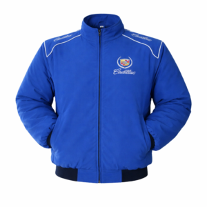 blue Cadillac jacket front view with crest logo on chest