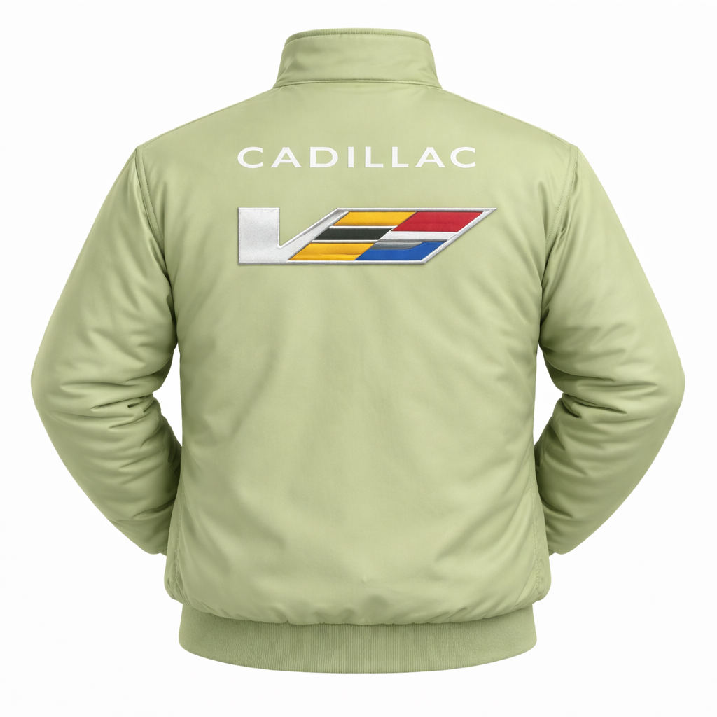 green Cadillac jacket back view with Cadillac text and stripe logo