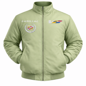 light green Cadillac jacket front view with small chest logos