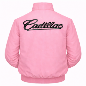 pink Cadillac jacket back view with large script Cadillac logo