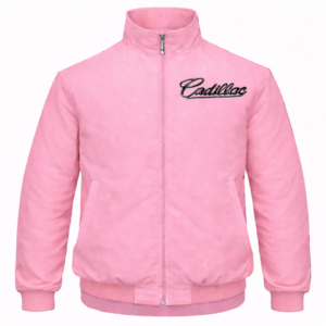 pink Cadillac jacket front view with small script logo on chest