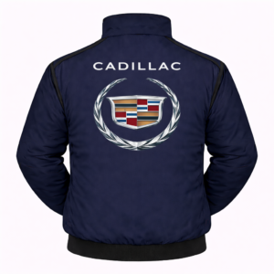 navy Cadillac jacket back view with large crest logo and Cadillac text