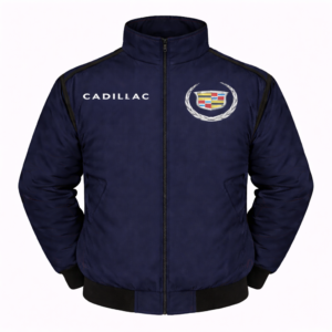 navy blue Cadillac jacket front view with crest logo on chest