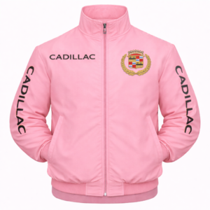 Cadillac jacket front view with Cadillac text on chest