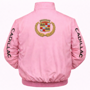 pink Cadillac jacket back with crest logo and Cadillac text on sleeves