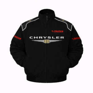 Chrysler black jacket front embroidered logo red white text