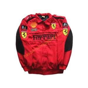 Ferrari F1 Racing Jacket Red and Black Trim, NASCAR Jacket, with logos and emblems embroidered on the front and back