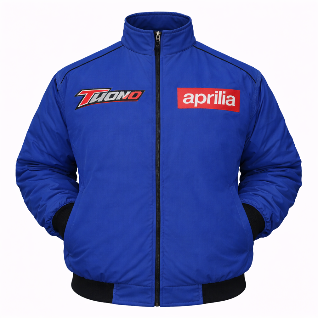 blue Aprilia MotoGP racing jacket with embroidered team logo