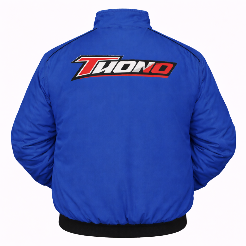blue Aprilia racing jacket with lion crest embroidery front view