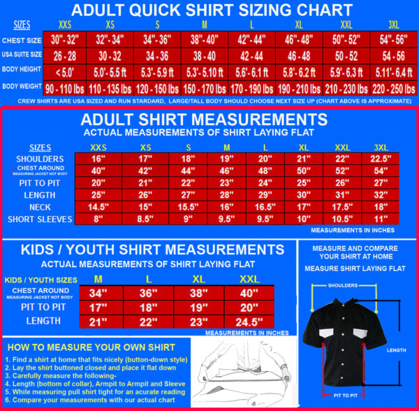 Crew shirt chart to 3XL