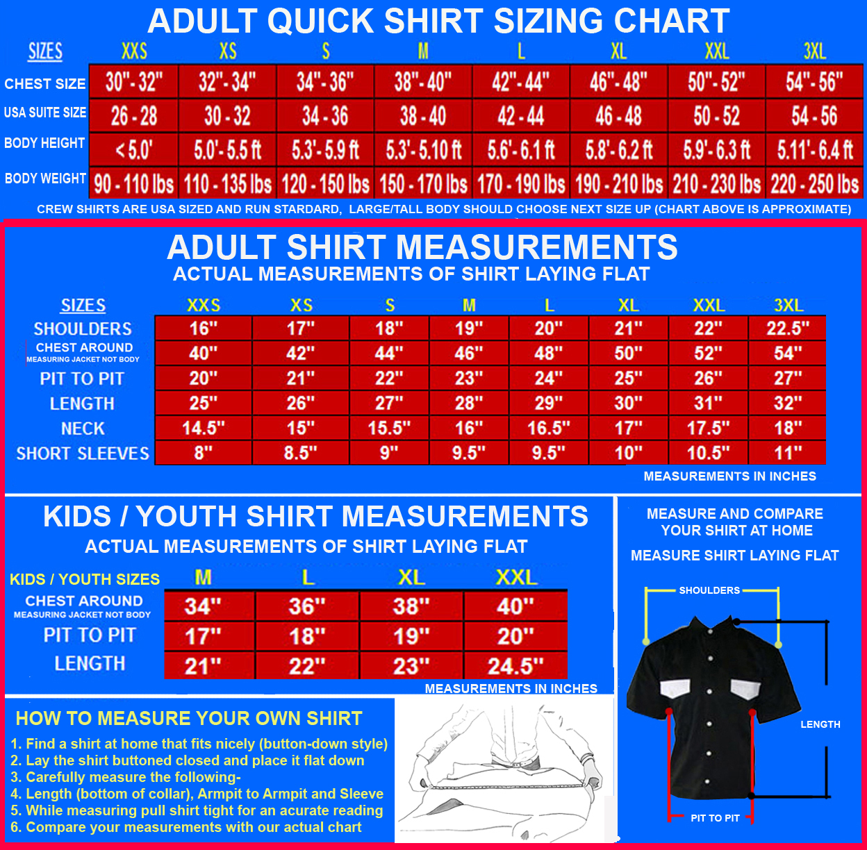 Crew shirt chart to 3XL