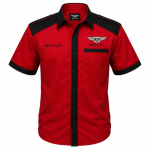 Bentley red and black crew shirt front and back view with grey and black variants premium embroidered motorsport style
