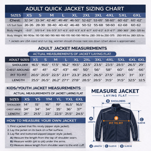 Adult and kids jacket sizing chart with quick jacket measurement guide and how to measure instructions