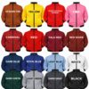 Assorted color options of zip-up jackets with black zipper and printed color name