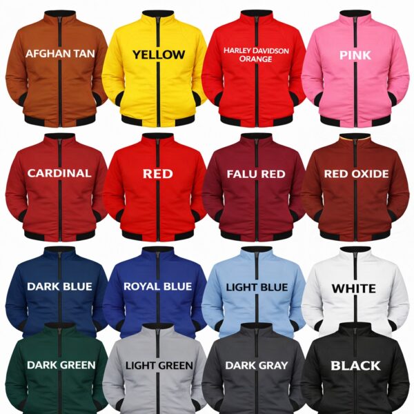 Assorted color options of zip-up jackets with black zipper and printed color name