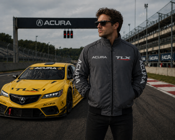 man wearing gray embroidered jacket standing near yellow sports car