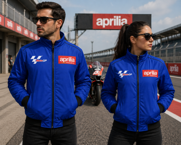 Aprilia MotoGP blue racing jacket worn by man and woman on racetrack with motorcycle in background motorsport style