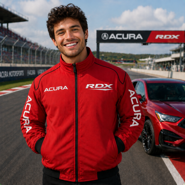 man wearing red embroidered jacket standing at racetrack