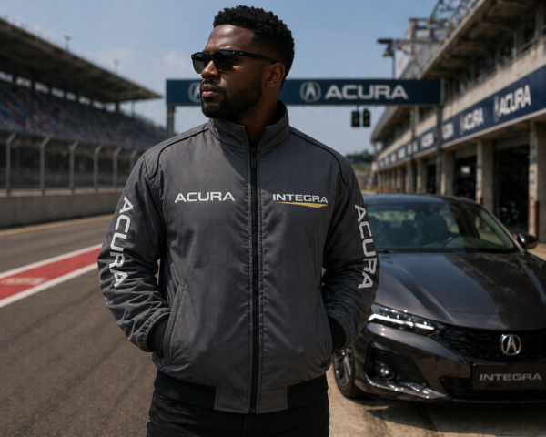 man wearing dark gray embroidered jacket near sports car