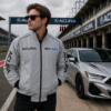 man wearing light gray embroidered jacket near white sports car