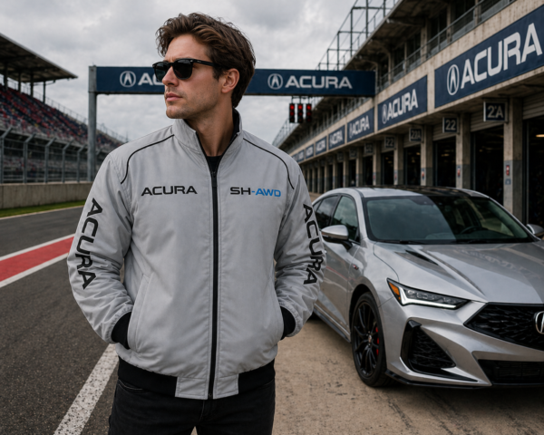 man wearing light gray embroidered jacket near white sports car
